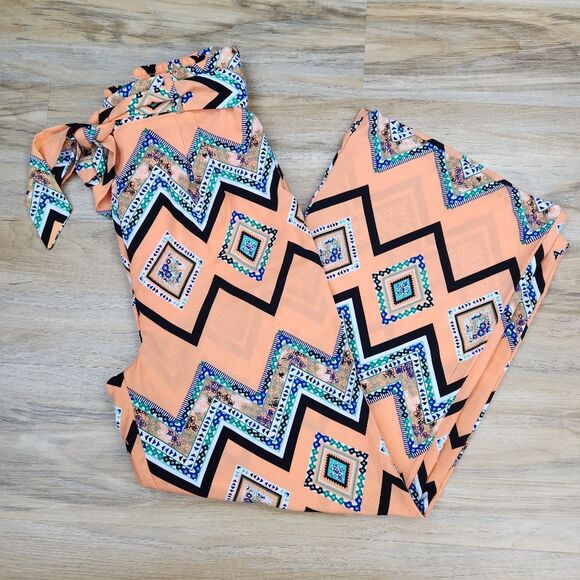 🍑Takara Peach & Multicolored Chevron Print Palazzo Pants Small - Picture 1 of 10